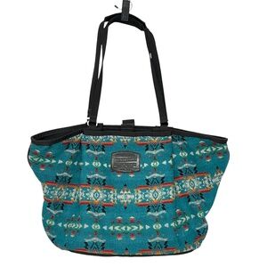 PENDLETON Tote Bag Blue Aztec Southwestern Wool Top Zipper Pleated